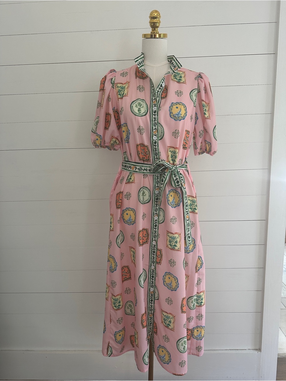 Sunday Up Pink Printed Midi Shirt Dress with Green Trim